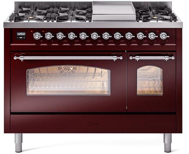 Burgundy freestanding range with chrome control panel, burners, and double oven doors