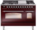 ILVE Nostalgie II 48-Inch Freestanding Natural Gas Dual Fuel Range in Burgundy with Chrome Trim (UP48FNMPBUC)