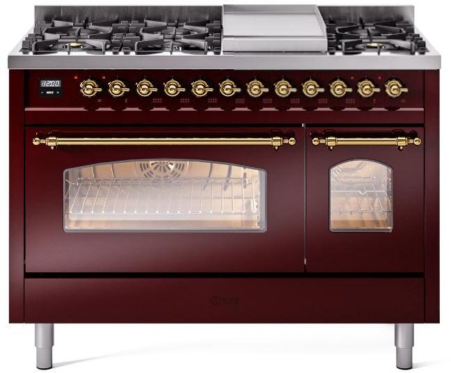Burgundy freestanding dual fuel range with brass trim, burners, and oven doors