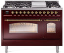 ILVE Nostalgie II 48-Inch Freestanding Natural Gas Dual Fuel Range in Burgundy with Brass Trim (UP48FNMPBUG)
