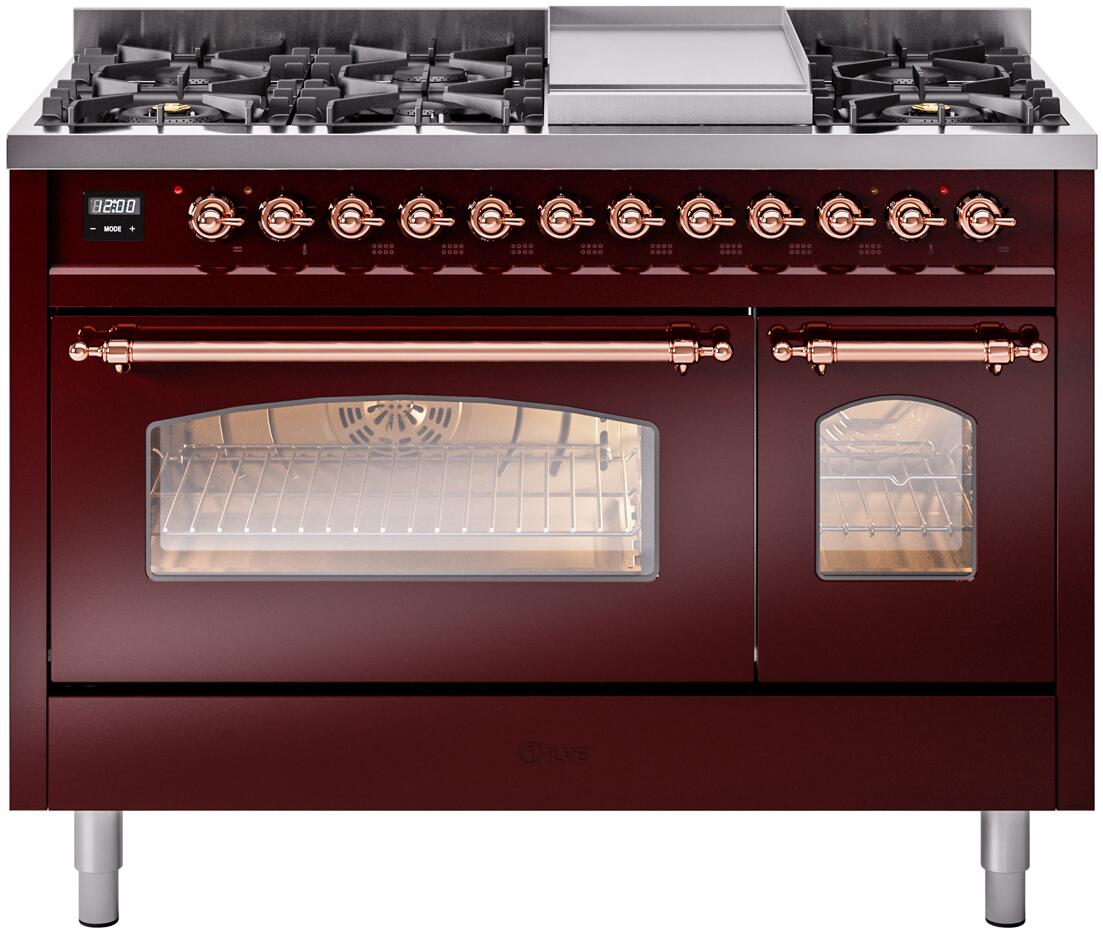 Burgundy dual-fuel range with burners, oven door windows, and copper handles