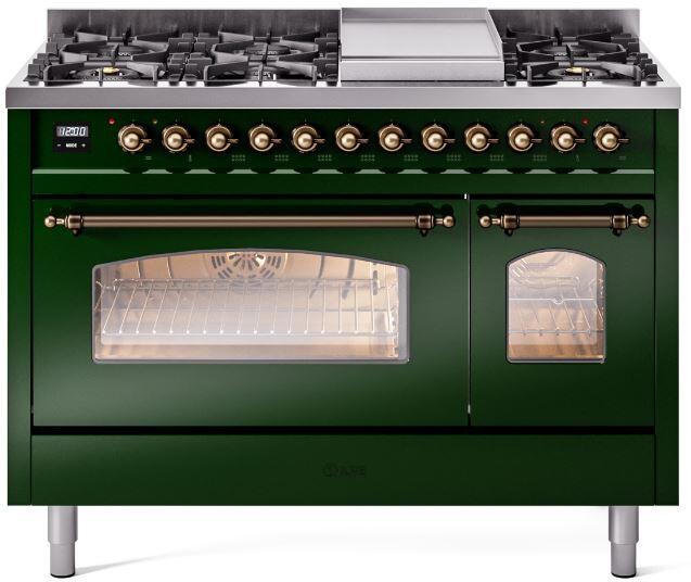 Emerald green dual fuel freestanding range front with burner knobs and oven window