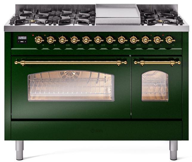 Freestanding dual fuel range, emerald green with brass cooktop knobs and oven window