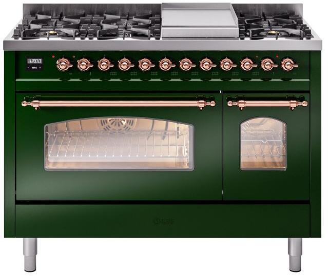 Emerald green freestanding dual fuel range with copper burner knobs and two ovens