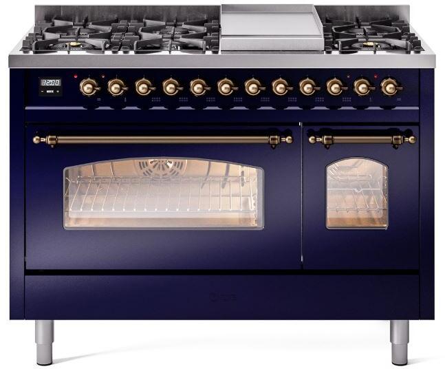 Midnight blue dual fuel freestanding range with burners, bronze knobs, and two oven doors