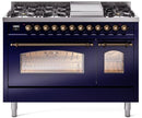 ILVE Nostalgie II 48-Inch Dual Fuel Freestanding Range in Midnight Blue with Bronze Trim (UP48FNMPMBBLP)