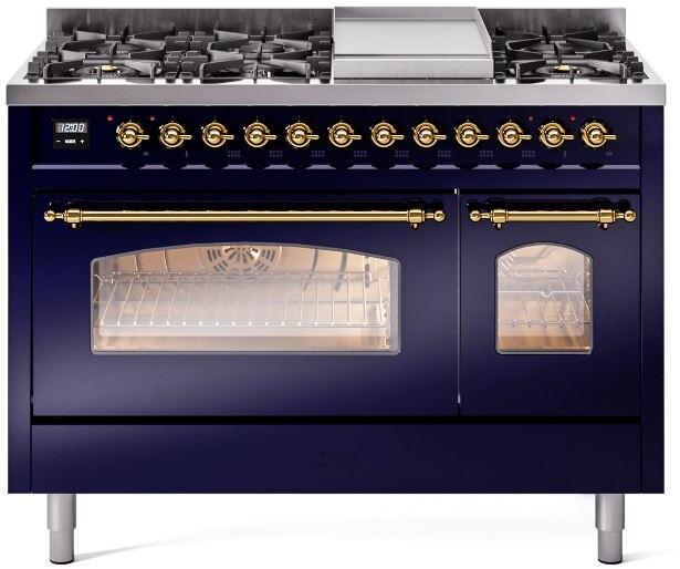 Midnight blue freestanding dual fuel range with brass trim and glass oven window