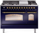 ILVE Nostalgie II 48-Inch Freestanding Natural Gas Dual Fuel Range in Midnight Blue with Brass Trim (UP48FNMPMBG)