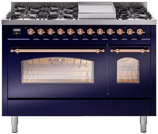 Midnight blue freestanding dual fuel range with gas burners, twin oven windows, copper trim