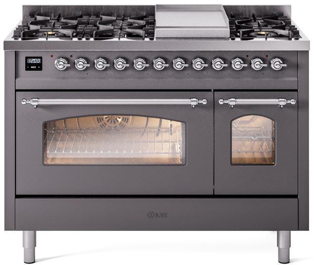 Matte graphite dual fuel freestanding range with burners, oven windows, and chrome handles