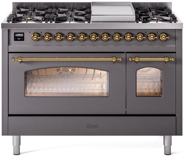 Dual-fuel freestanding range with matte graphite finish, brass knobs, and two ovens