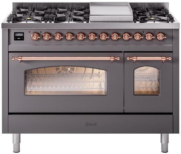 Matte graphite dual fuel range showing open oven with racks, glass door, and copper knobs.