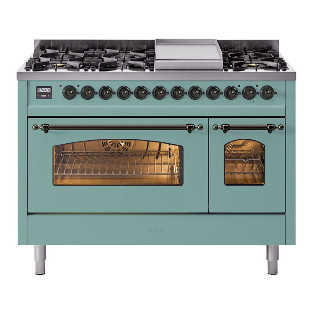 ILVE Nostalgie II 48-Inch Freestanding Propane Gas Dual Fuel Range in Mediterranean Mint with Burnished Bronze Trim (UP48FNMPMMBLP)