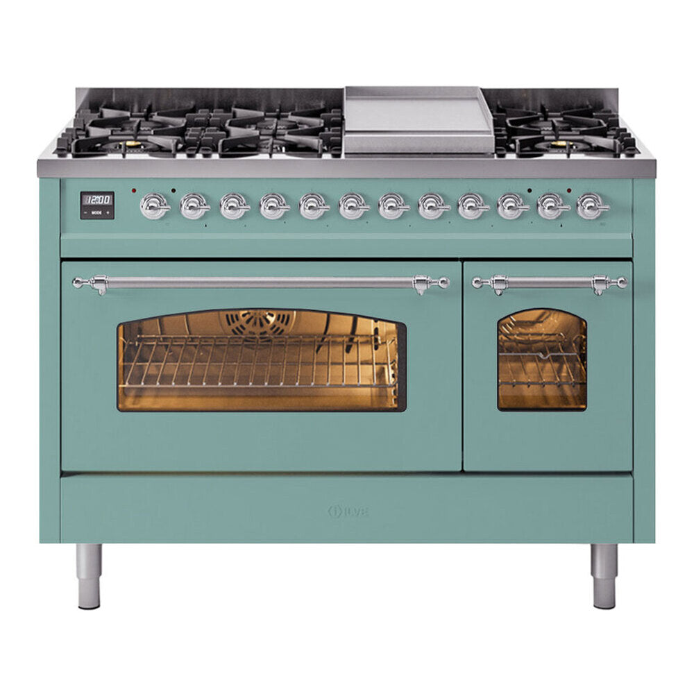 ILVE Nostalgie II 48-Inch Freestanding Natural Gas Dual Fuel Range in Mediterranean Mint with Chrome Trim (UP48FNMPMMC)