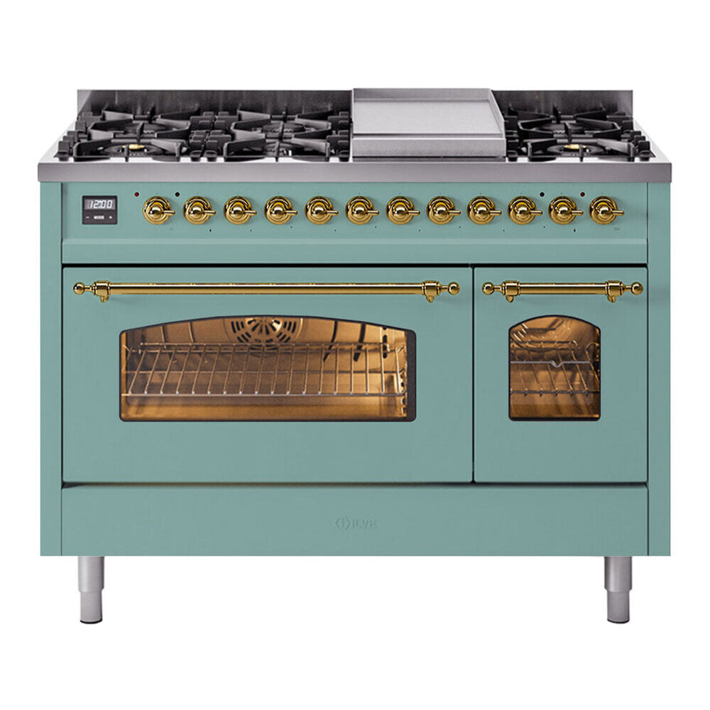 ILVE Nostalgie II 48-Inch Freestanding Propane Gas Dual Fuel Range in Mediterranean Mint with Brass Trim (UP48FNMPMMGLP)
