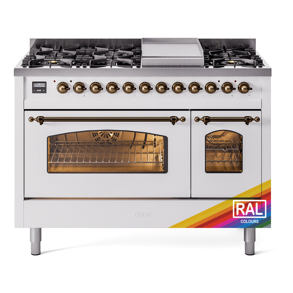 48-inch freestanding dual fuel range front view with bronze knobs, two oven doors, and burners.
