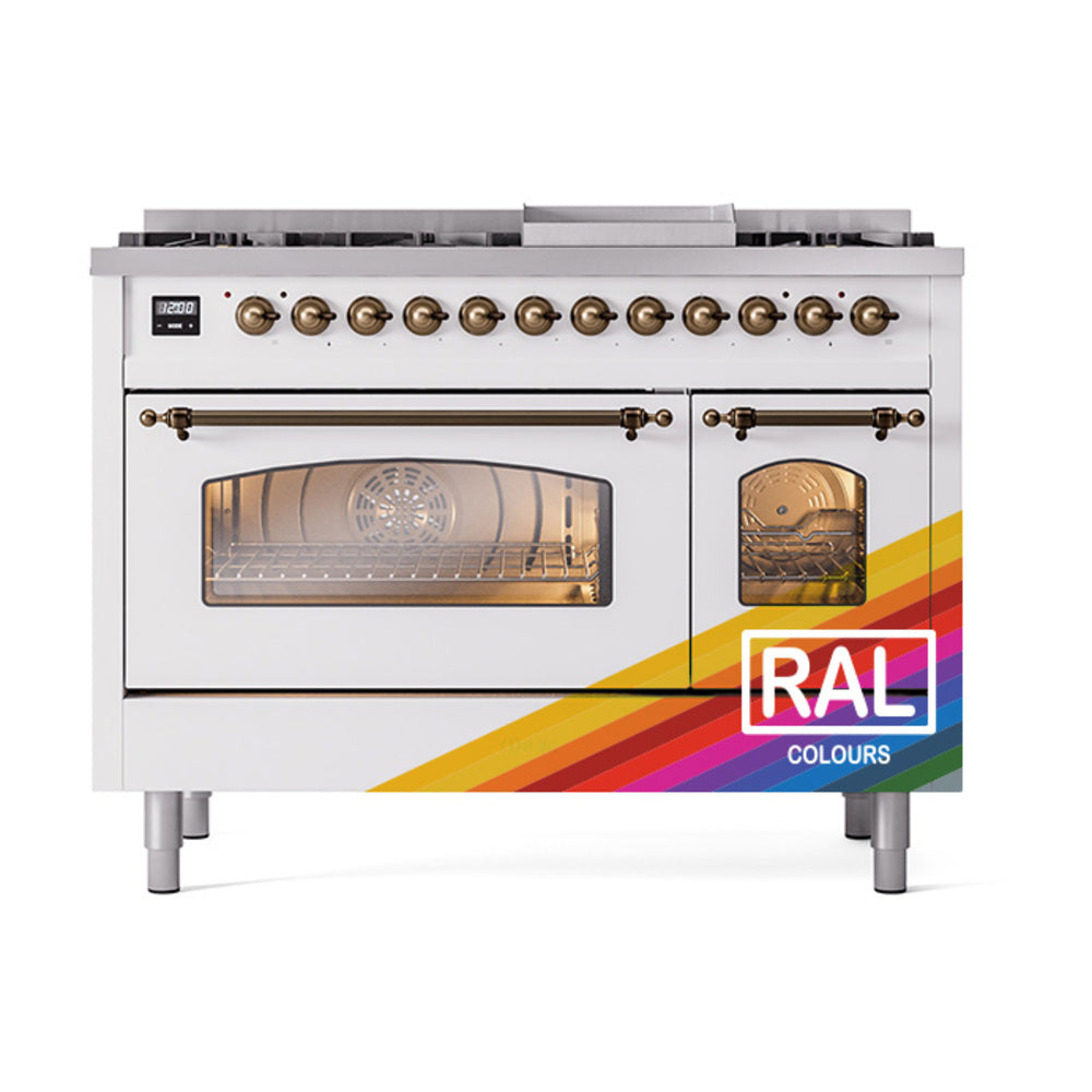 White 48-inch freestanding dual fuel range with side oven windows and bronze control knobs.