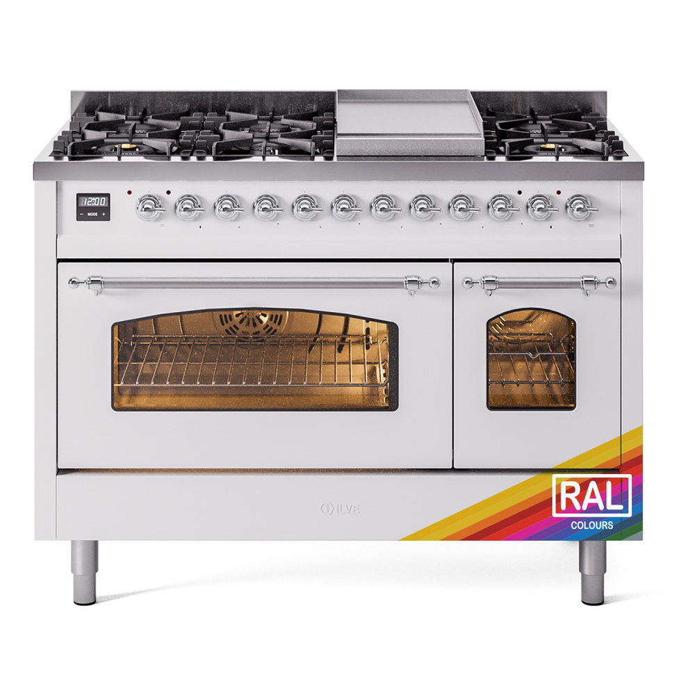 White freestanding dual fuel range with cooktop burners and oven door windows