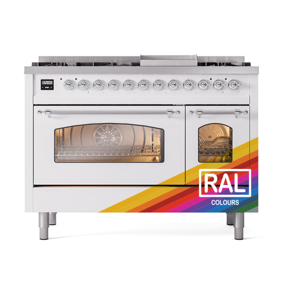 White freestanding range with dual oven doors and control knobs, RAL sticker