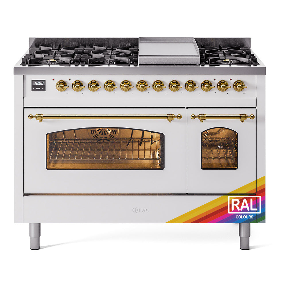White dual-fuel freestanding range with brass control knobs, griddle, and two oven doors