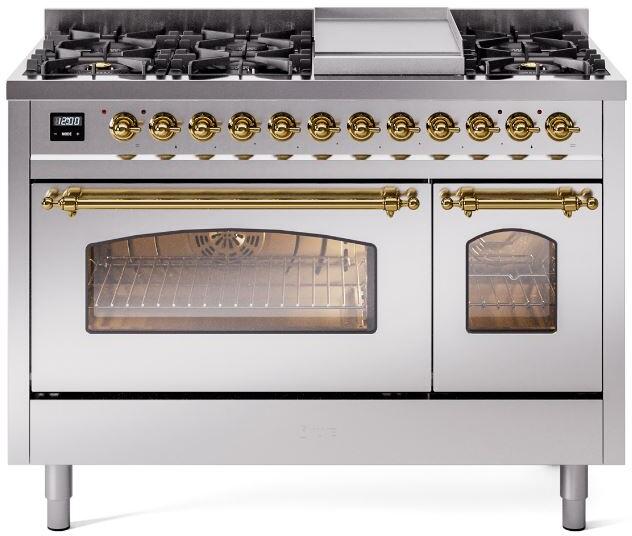 Stainless steel dual fuel freestanding range with brass trim, burners, and oven doors