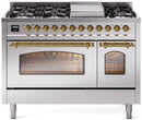ILVE Nostalgie II 48-Inch Freestanding Natural Gas Dual Fuel Range in Stainless Steel with Brass Trim (UP48FNMPSSG)