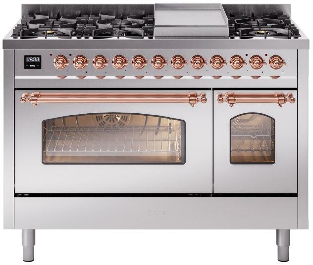 Freestanding dual-fuel range in stainless steel with copper trim and dual ovens
