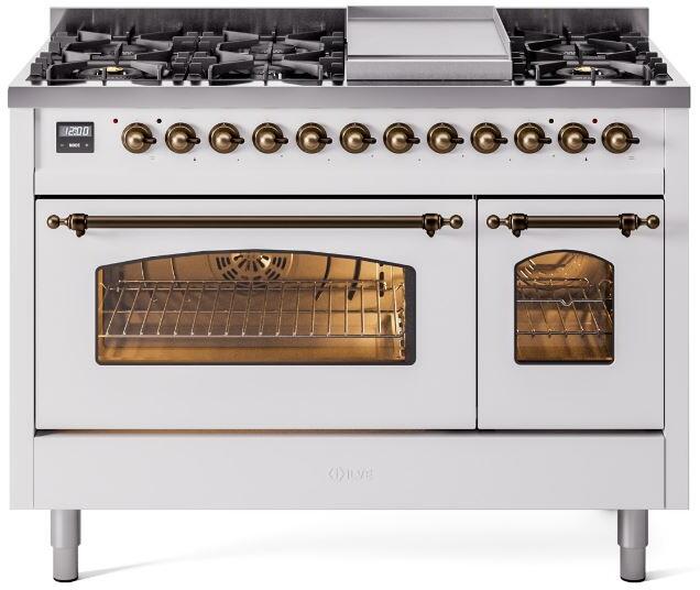Freestanding white dual fuel range with bronze knobs, cooktop burners, and dual ovens