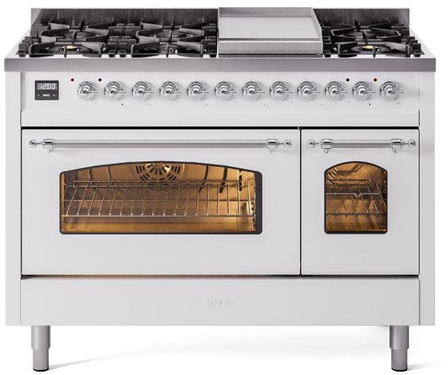 White freestanding dual fuel range with gas burners, oven doors, and chrome handles