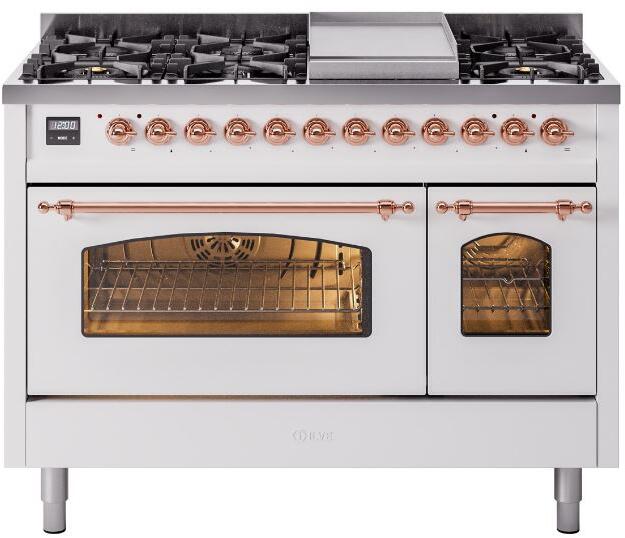 White freestanding dual fuel range with copper trim, cooktop burners and ovens
