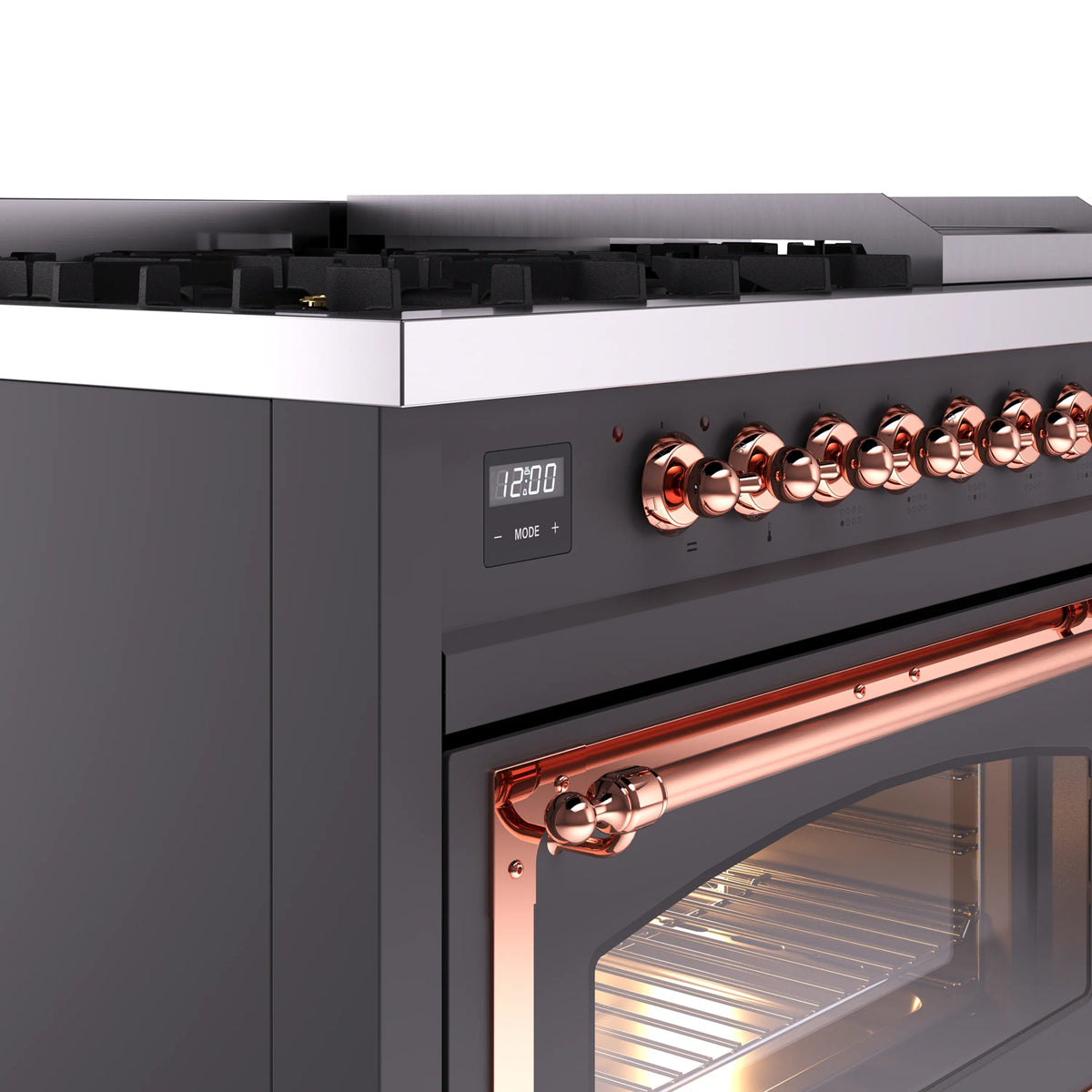 Range control panel with digital display and copper ring knobs
