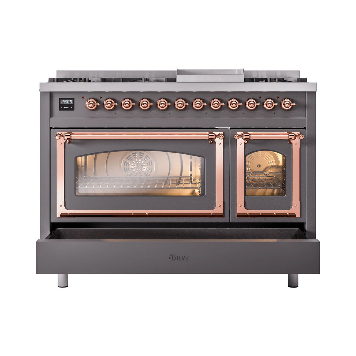 Dual fuel freestanding range with matte graphite doors and copper-trim oven windows
