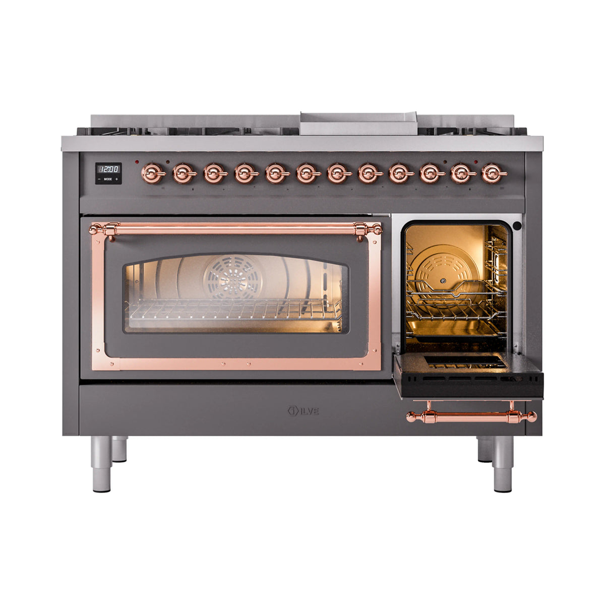 Dual fuel range with right oven door open and copper-trim oven handle