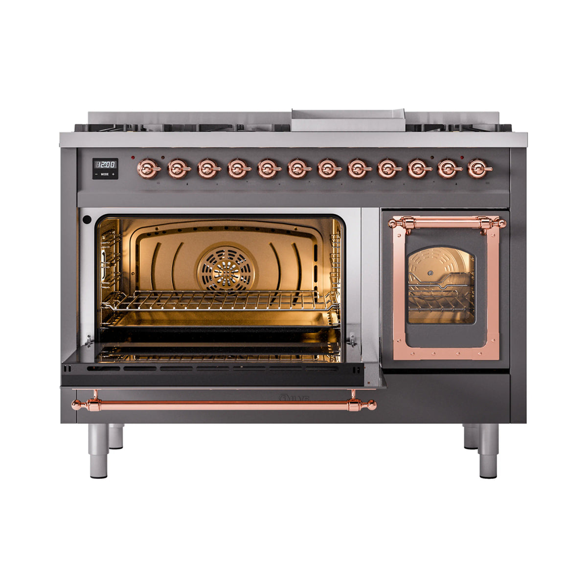 Dual fuel range with both ovens open, showing racks and warm interior lighting