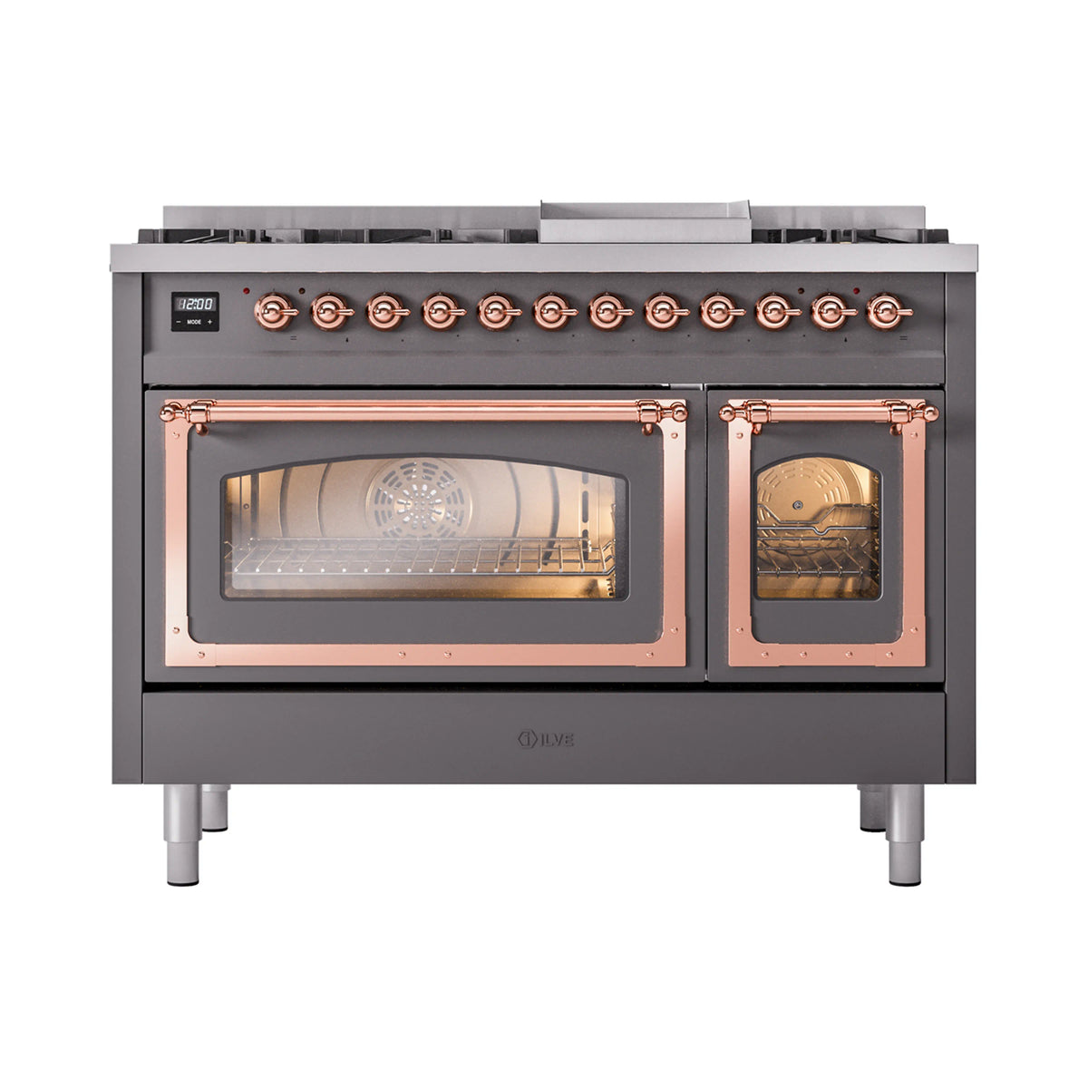 Dual fuel freestanding range front view with two closed oven doors and copper accents
