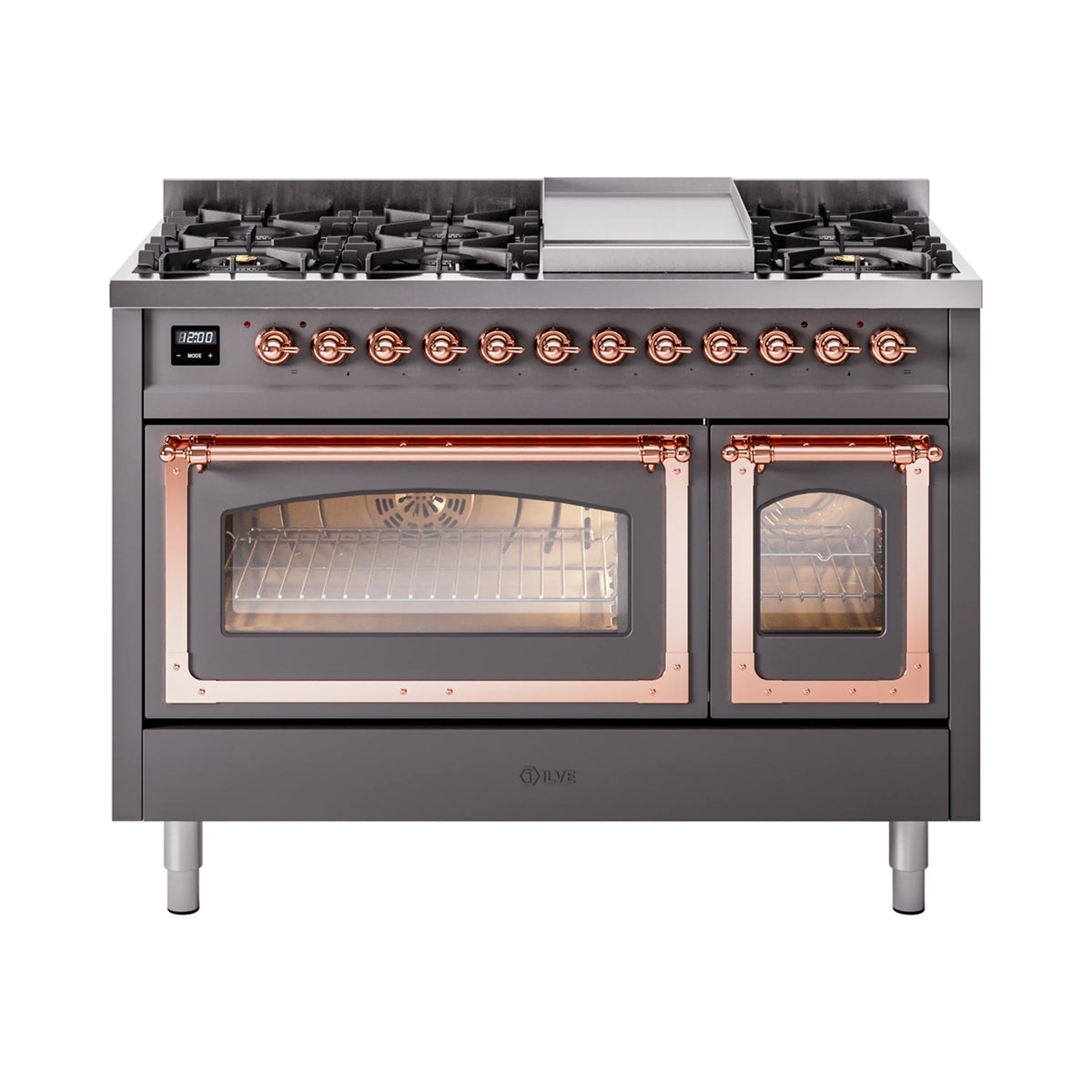 Matte graphite ILVE dual-fuel range with copper-trim knobs, two oven doors, and burners