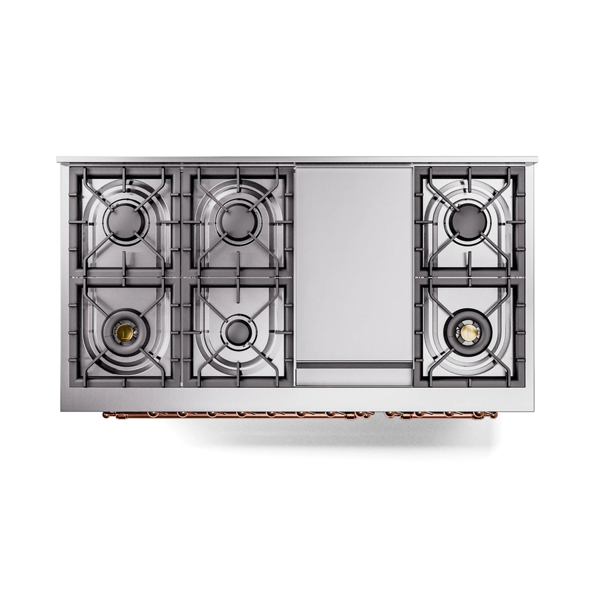 Dual fuel freestanding range cooktop with four gas burners and grate layout