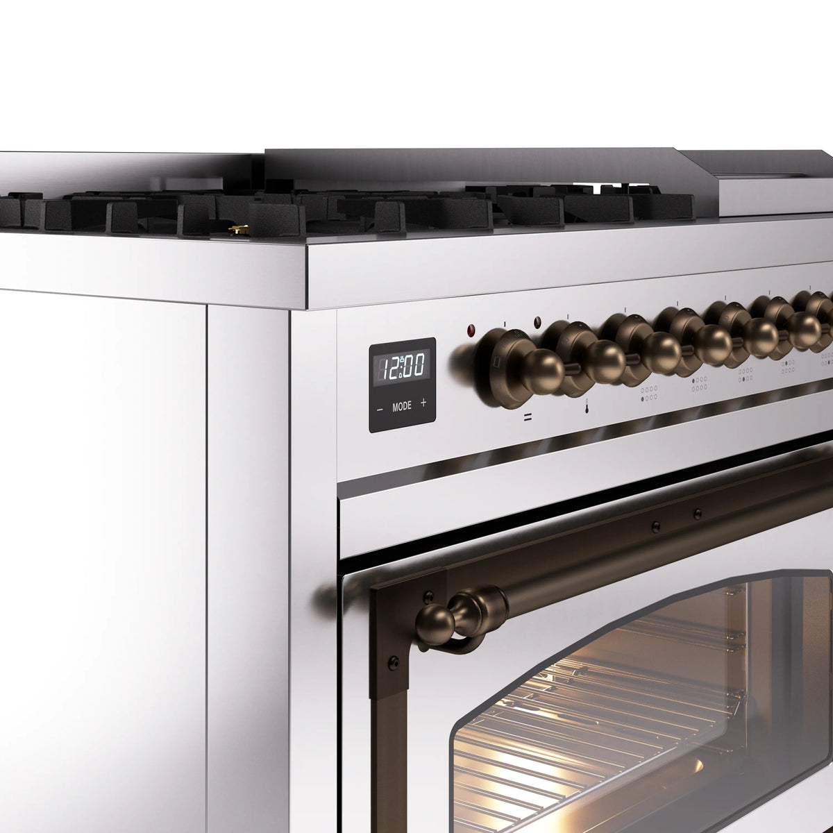 Stainless steel range control panel with bronze knobs and digital display