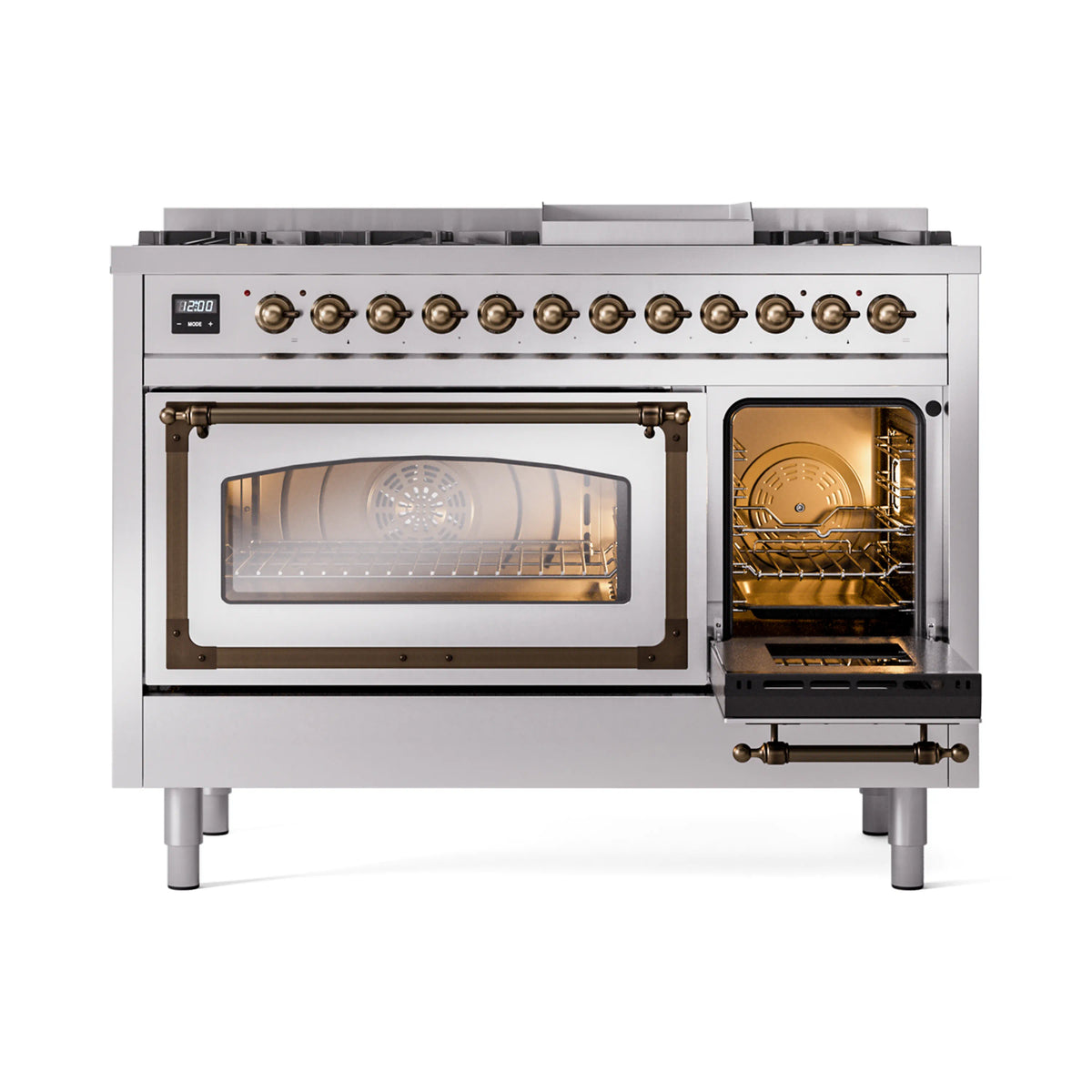 Dual fuel range with one oven door open, bronze trim, and illuminated oven interior