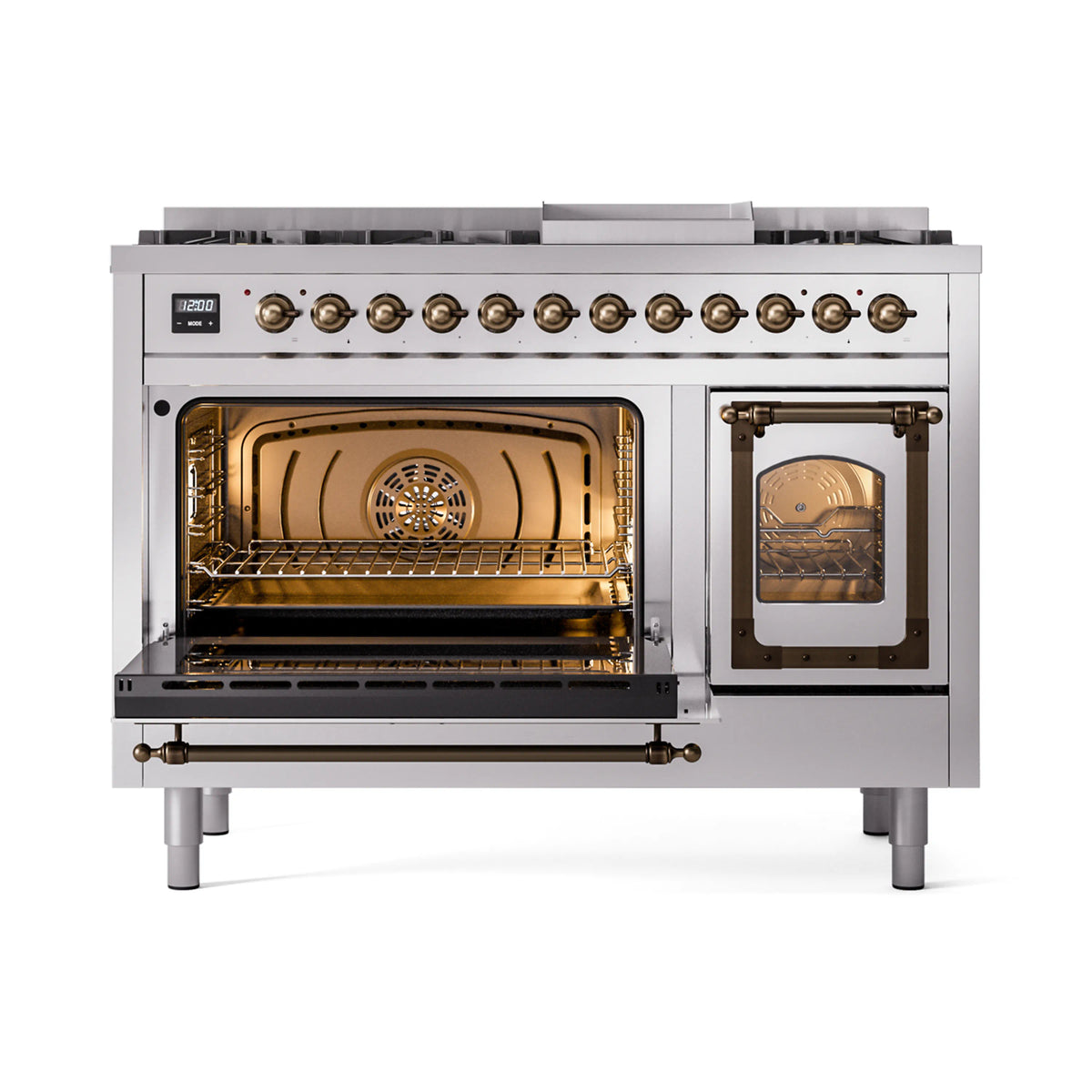 Stainless steel dual-fuel range with both ovens open and bronze interior racks