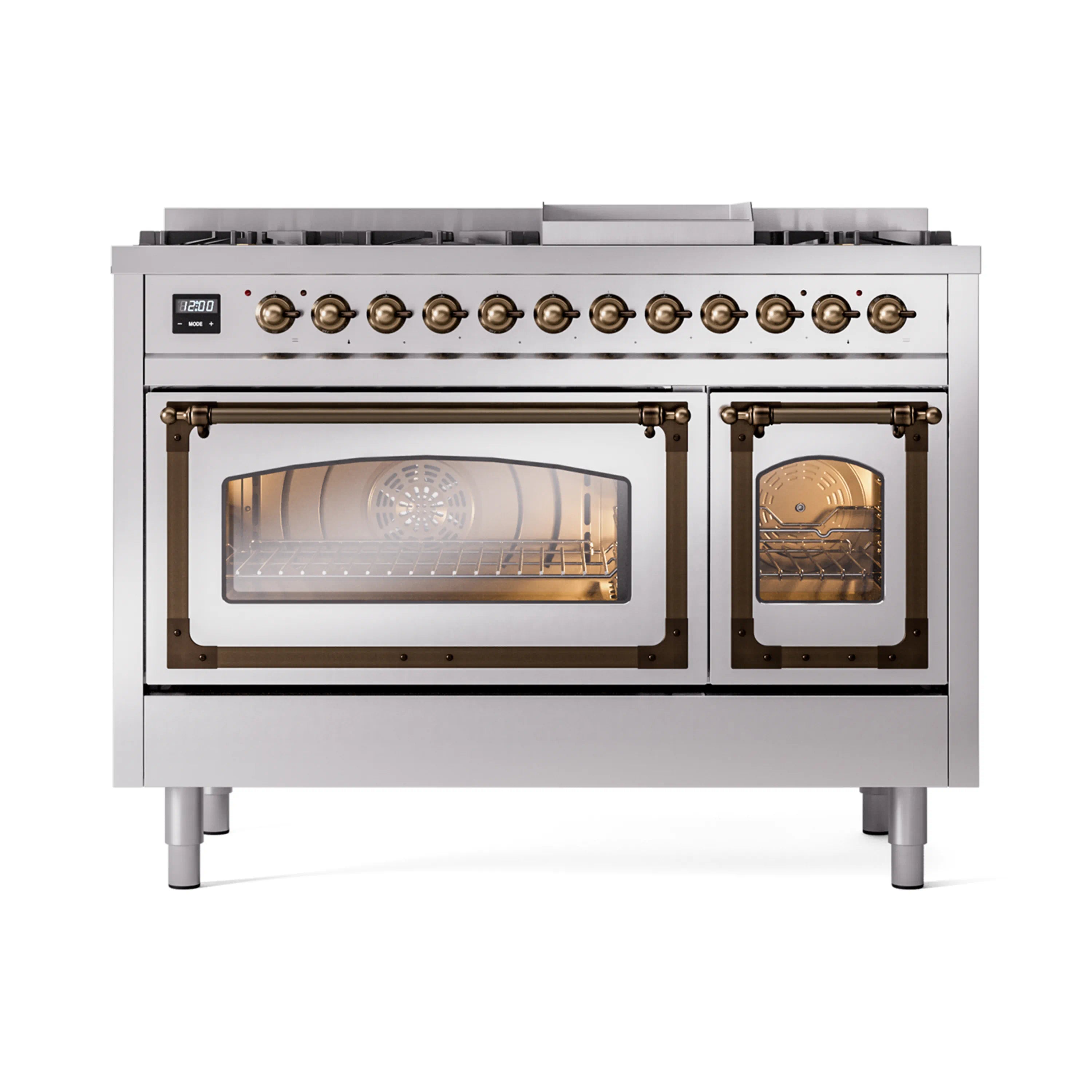 Stainless steel range with ovens closed, bronze control knobs and oven handles