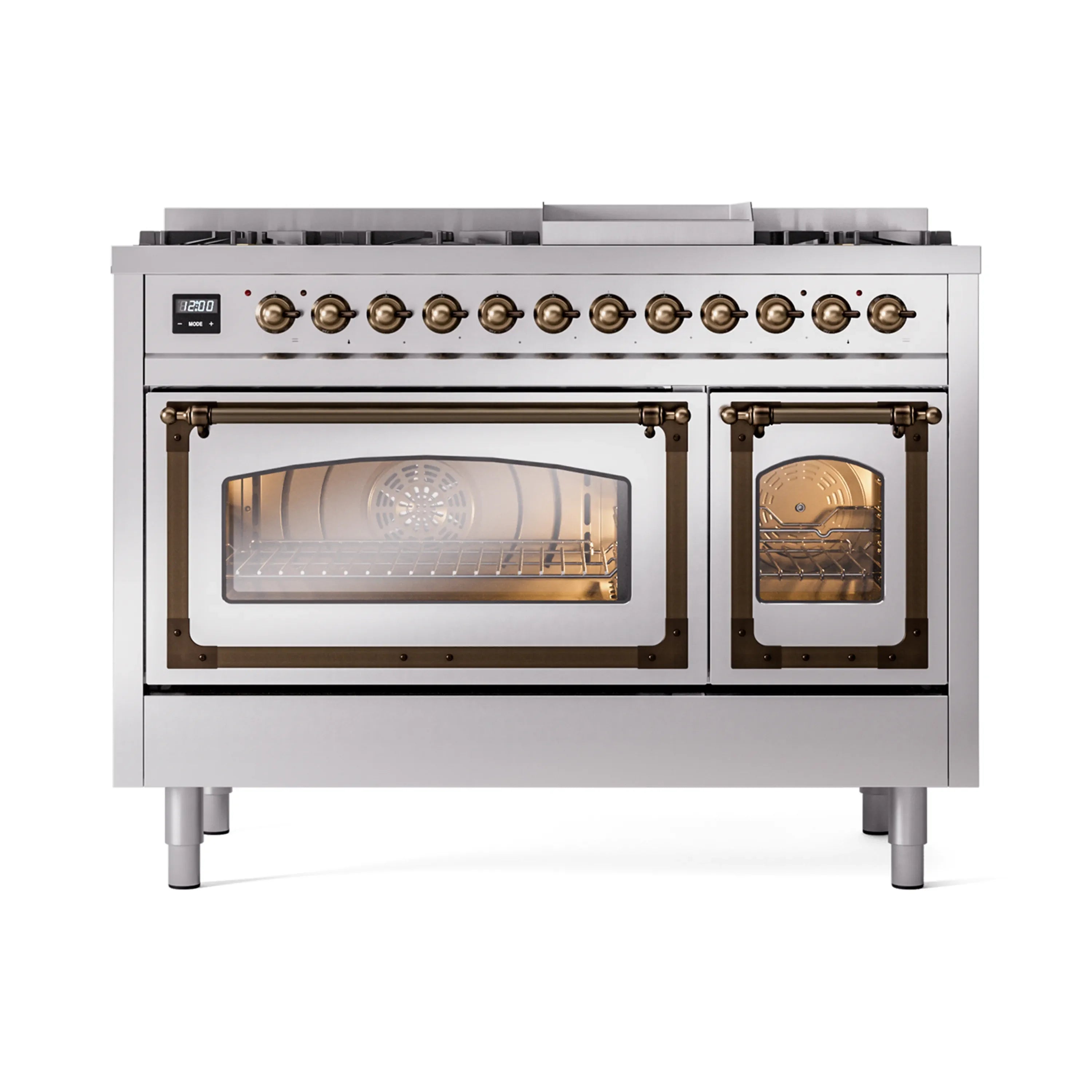 Stainless steel dual fuel range with bronze control knobs and illuminated oven windows