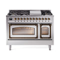 ILVE Nostalgie II Noblesse 48-Inch Freestanding Natural Gas Dual Fuel Range in Stainless Steel with Burnished Bronze Trim (UN48FNMPSSB)