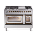ILVE Nostalgie II Noblesse 48-Inch Freestanding Natural Gas Dual Fuel Range in Stainless Steel with Bronze Trim (UN48FNMPSSB)