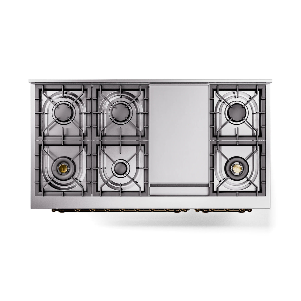 Freestanding dual fuel range cooktop with burner grates and three visible gas burners