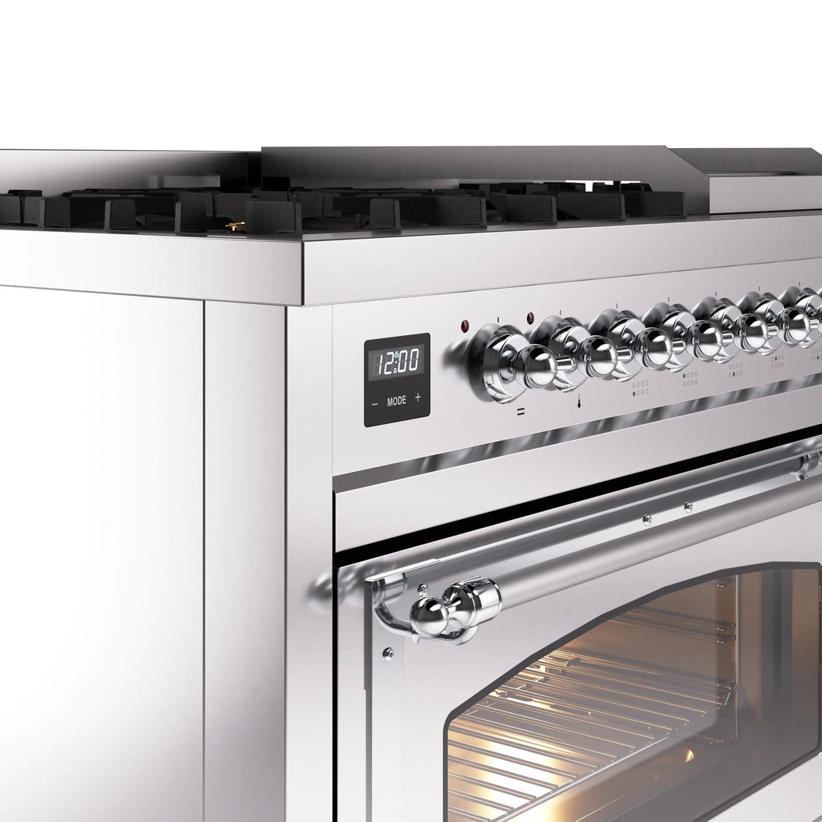 Stainless steel dual-fuel range control panel with round chrome knobs and oven door