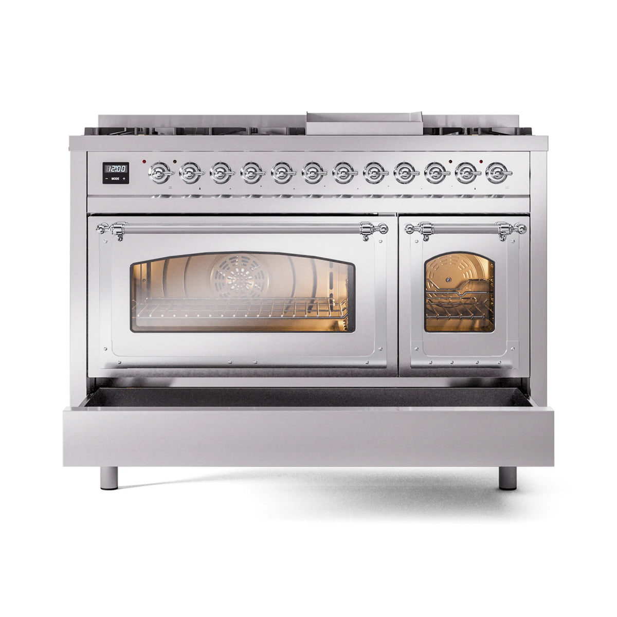 Stainless steel dual-fuel range with front oven door open and side oven door closed