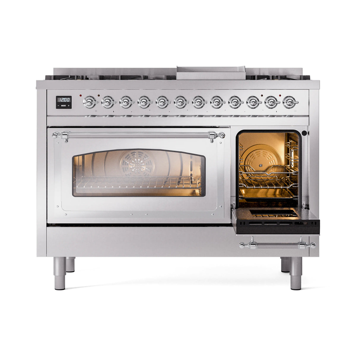 Stainless steel dual fuel range with one oven door open, lit interior, knobs and burners