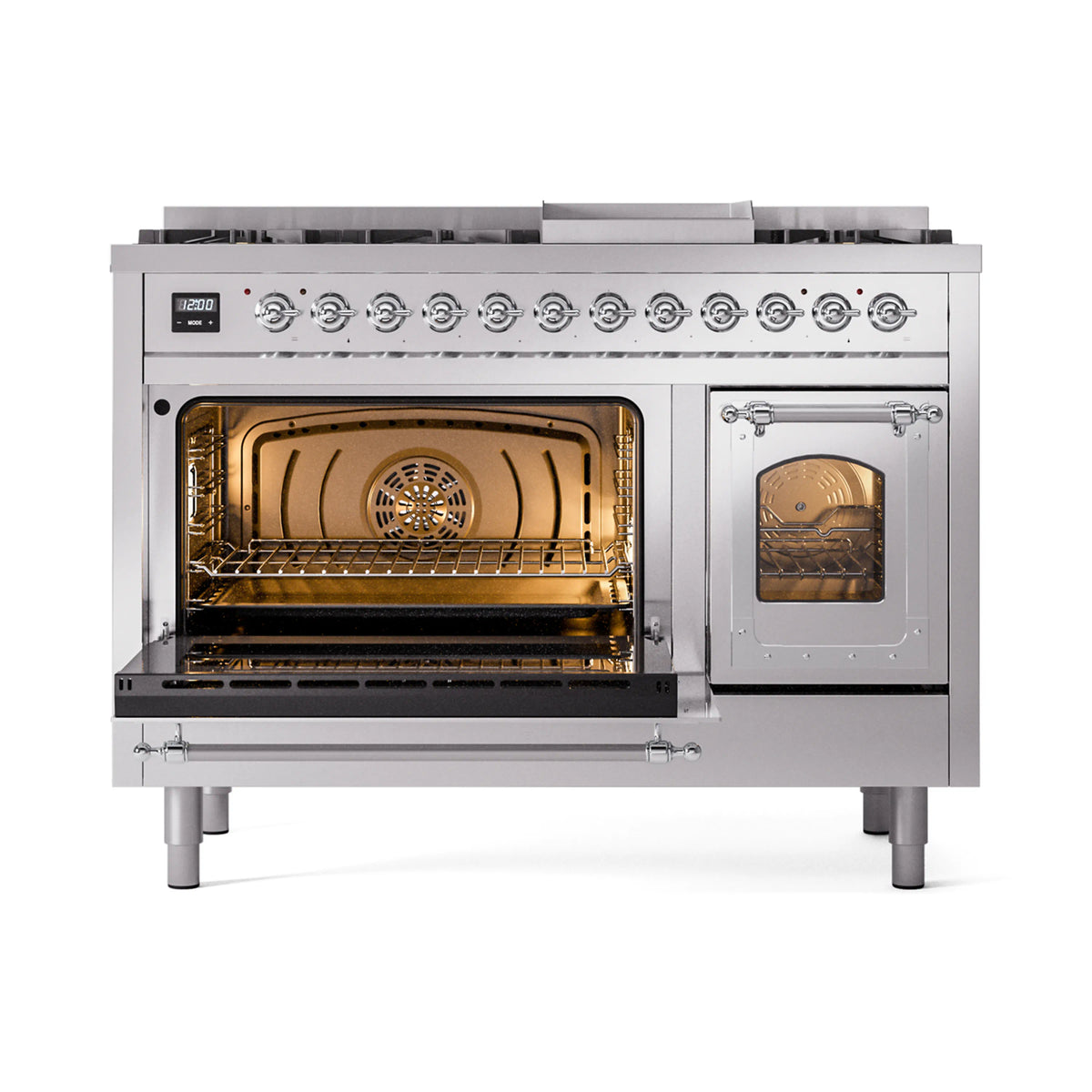 Stainless steel freestanding dual fuel range with both ovens open and illuminated interiors