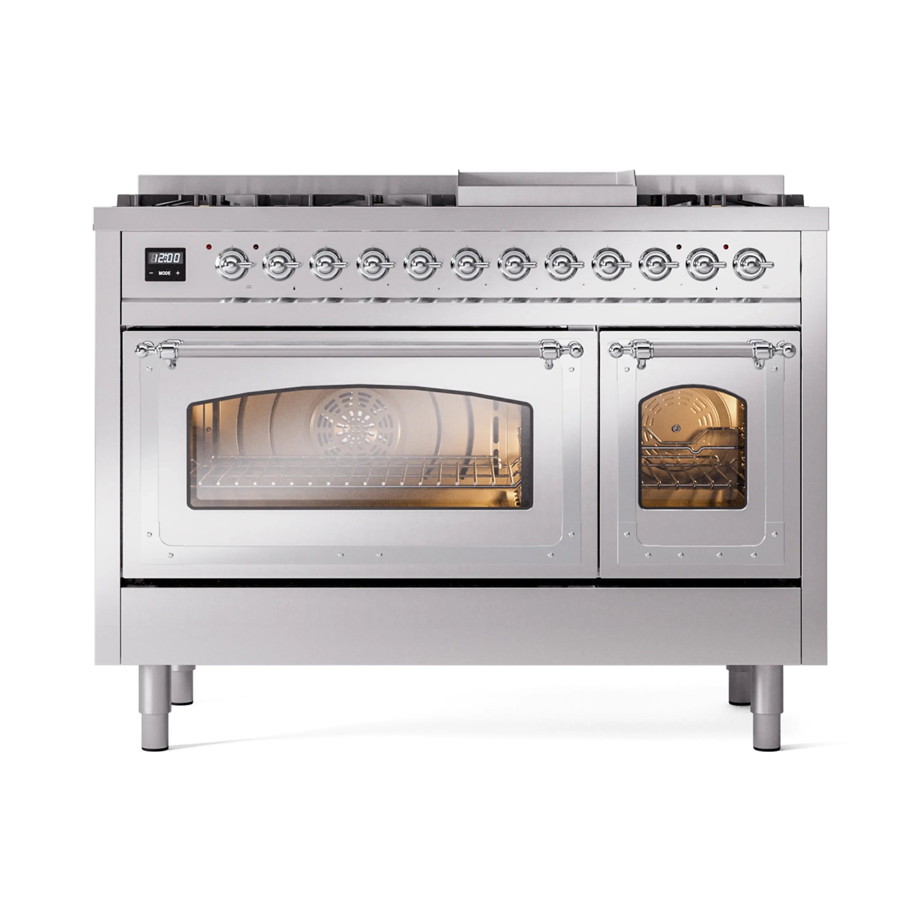 Stainless steel dual-fuel range with chrome trim, open front oven doors and burner layout